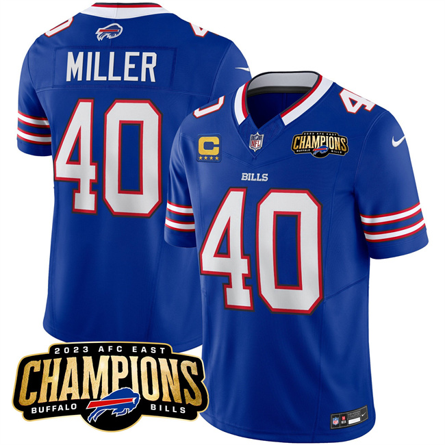 Men's Buffalo Bills #40 Von Miller Blue 2023 F.U.S.E. AFC East Champions With 4-star C Ptach Football Stitched Jersey